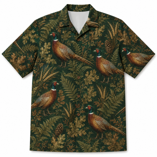 Pheasant Hunting Hawaiian Shirt for Men – Vintage Ring-Necked Pheasant & Botanical Print, Gift for Bird Hunters