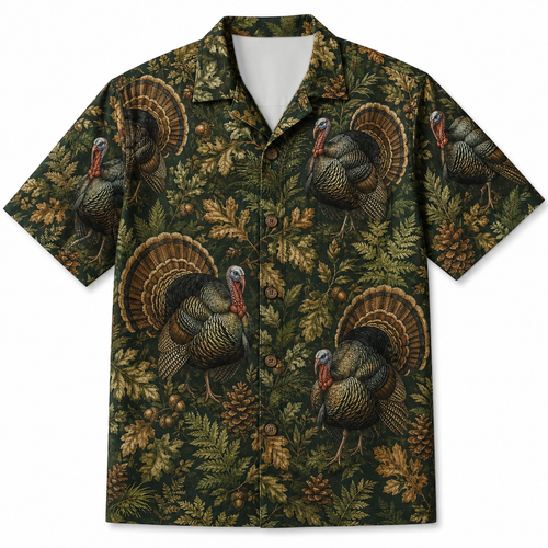 Turkey Hunting Hawaiian Shirt for Men – Vintage Wild Turkey & Botanical Print, Gift for Turkey Hunters