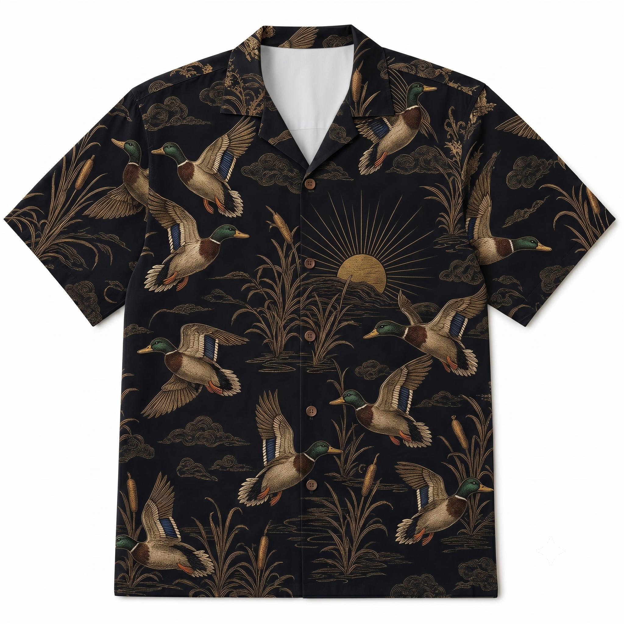 Mallard Duck Hunting Hawaiian Shirt — Black Button-Up Camp Collar