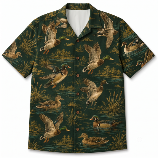 Duck Hunting Hawaiian Shirt for Men – Vintage Waterfowl Duck Stamp Print, Gift for Duck Hunters