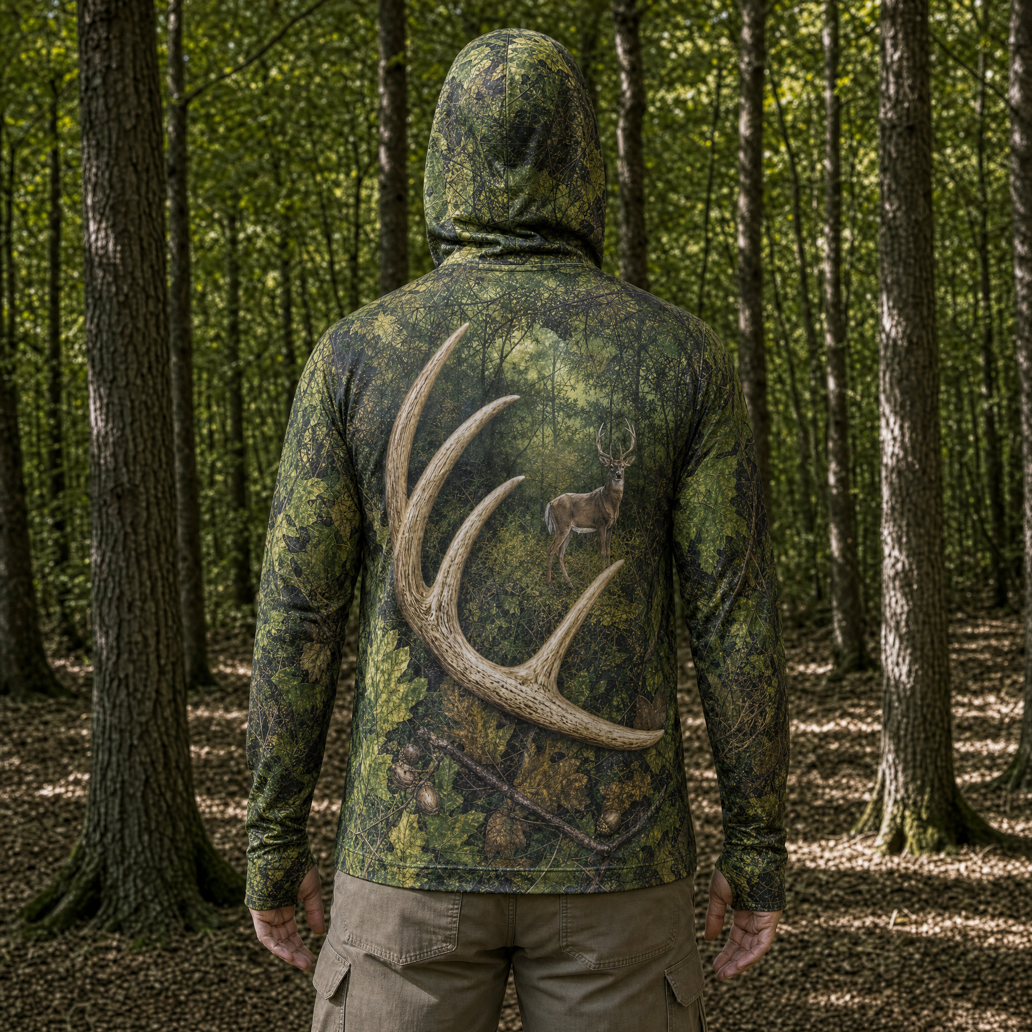 Whitetail Shed Antler Hunting Hoodie – UPF 50+ Sun Shirt with Face Gaiter