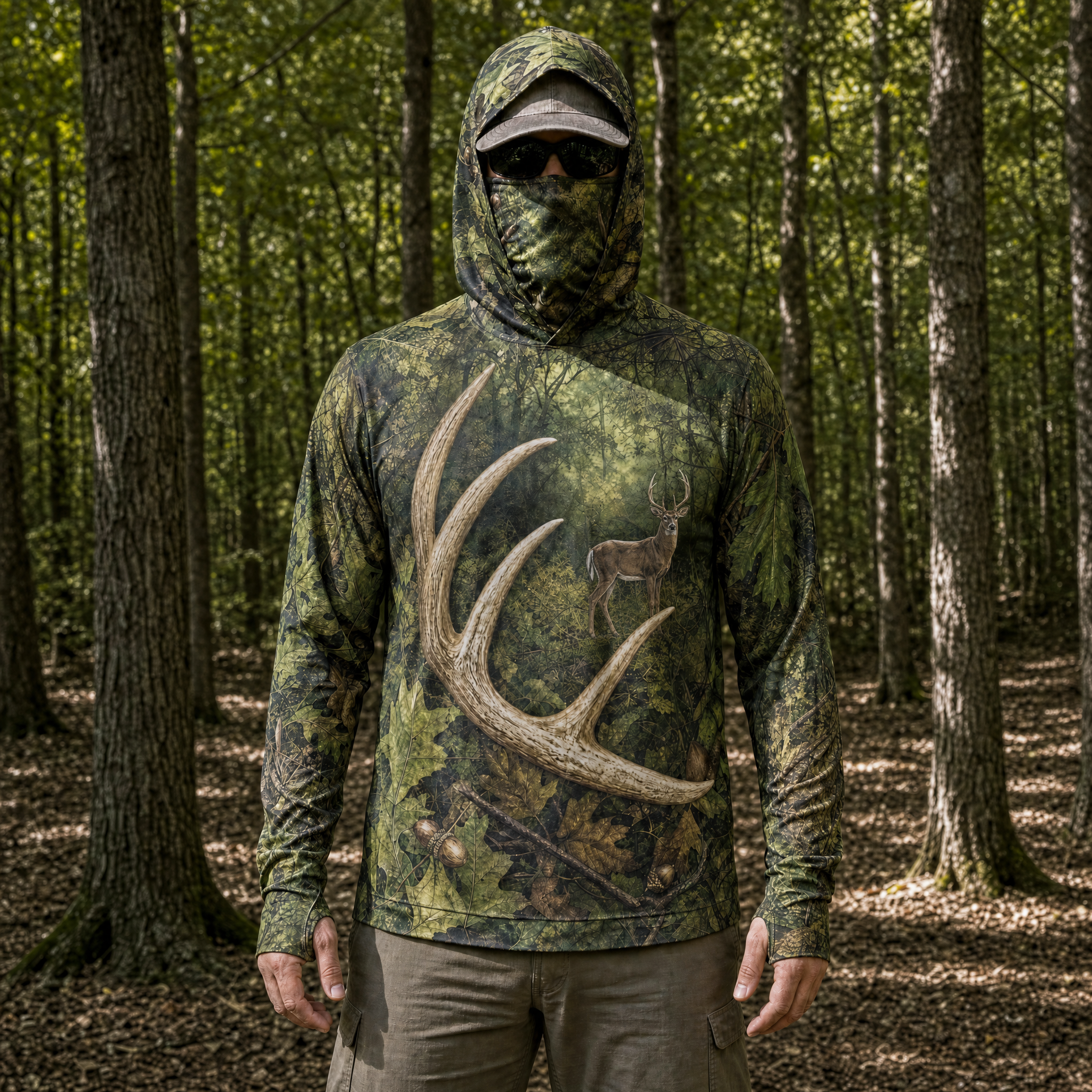 Whitetail Shed Antler Hunting Hoodie – UPF 50+ Sun Shirt with Face Gaiter