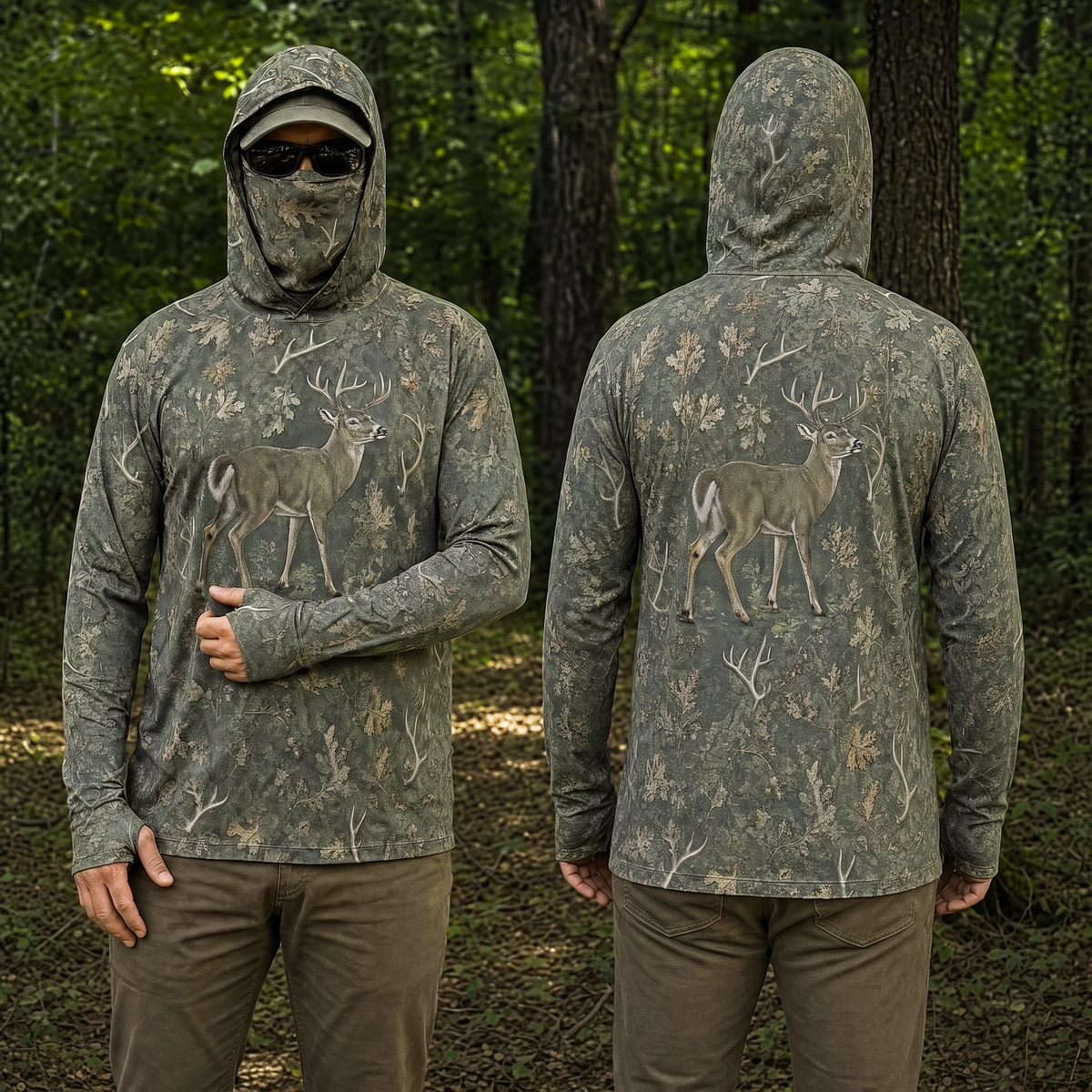 Whitetail Buck Camo UPF 50+ Hoodie for Men — Hunting Sun Shirt with Gaiter Face Cover & Thumb Holes