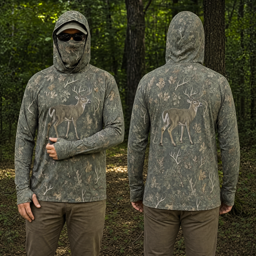 Whitetail Buck Camo UPF 50+ Hoodie for Men — Hunting Sun Shirt with Gaiter Face Cover & Thumb Holes
