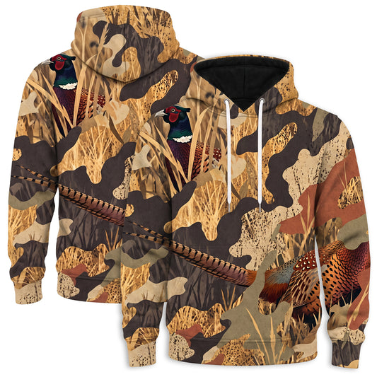 Pheasant Hunting Camo Hoodie for Men – All-Over Ring-Necked Field Camo Pullover, Gift for Upland Bird Hunters