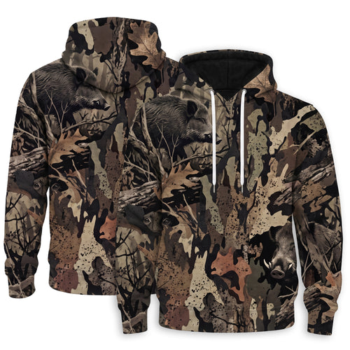 Wild Boar Hunting Camo Hoodie – All-Over Brush Break-Up Hog Camo Unisex Pullover, Gift for Hog Hunters