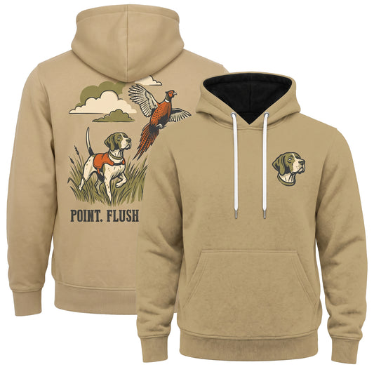 Pointer Bird Dog Hoodie – Retro "Point Flush Repeat" Back Print Unisex Pullover, Gift for Upland Hunters