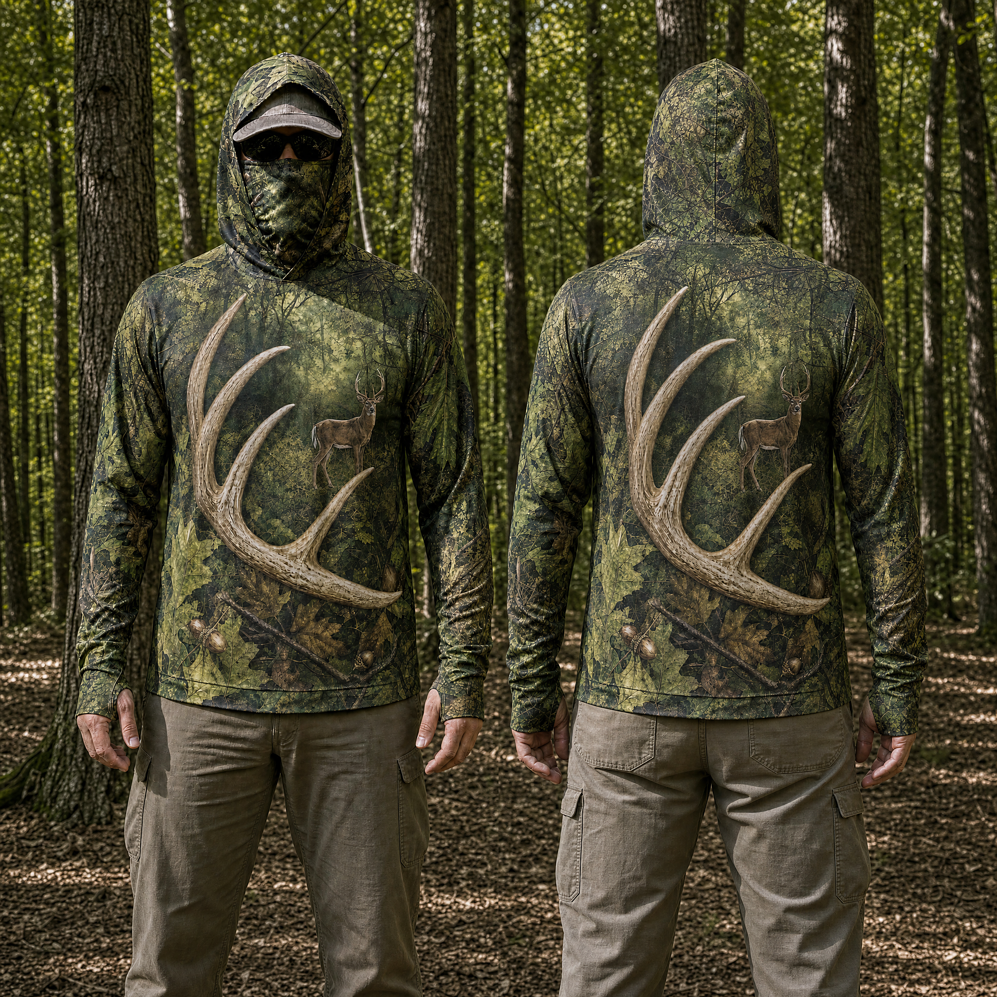Whitetail Shed Antler Hunting Hoodie – UPF 50+ Sun Shirt with Face Gaiter