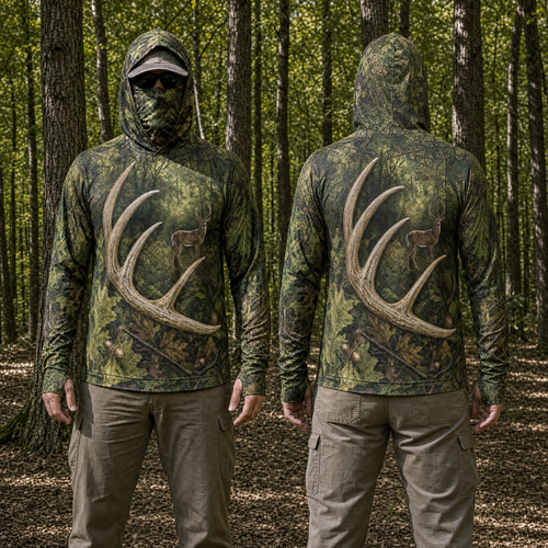 Whitetail Shed Antler Hunting Hoodie – UPF 50+ Sun Shirt with Face Gaiter