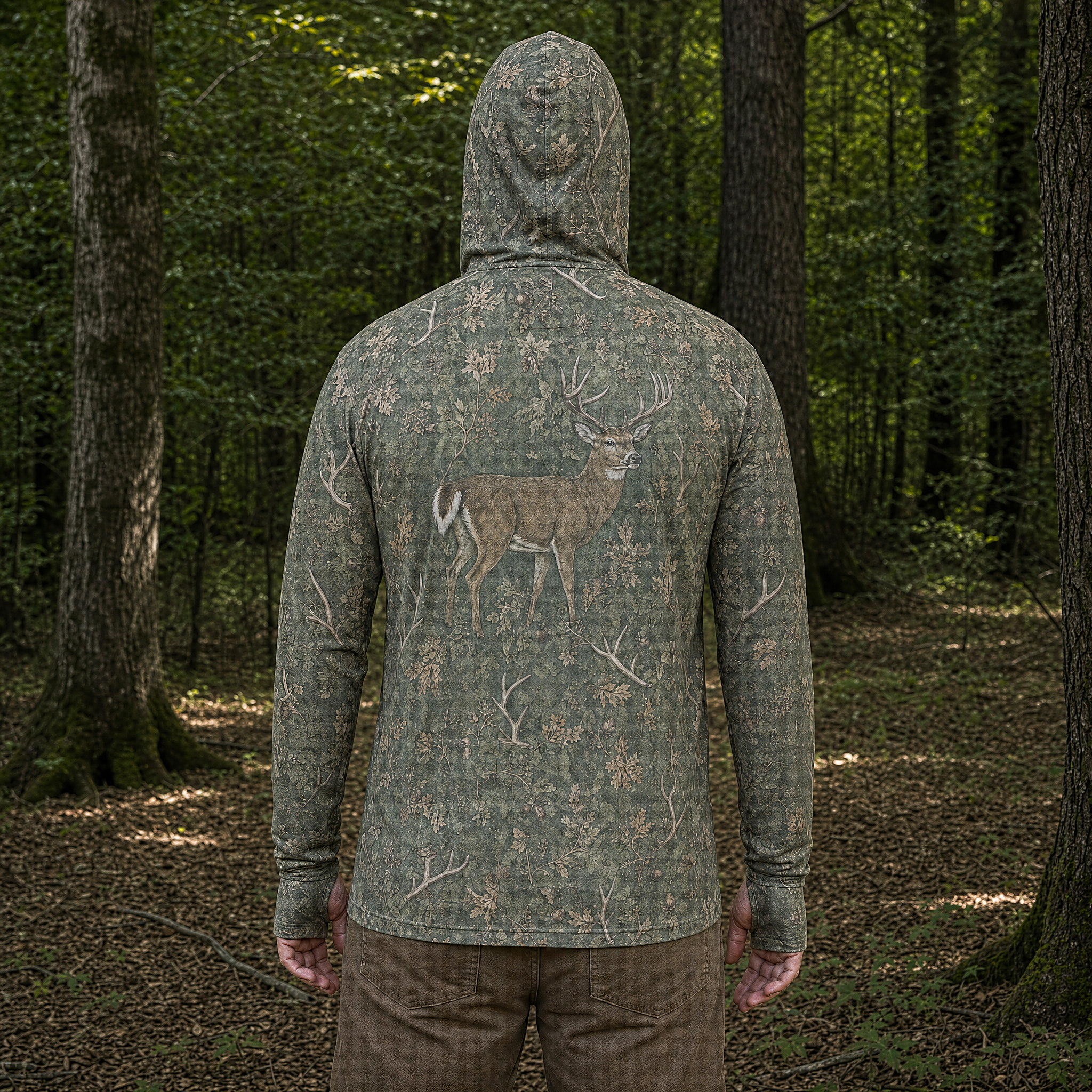 Whitetail Buck Camo UPF 50+ Hoodie for Men — Hunting Sun Shirt with Gaiter Face Cover & Thumb Holes