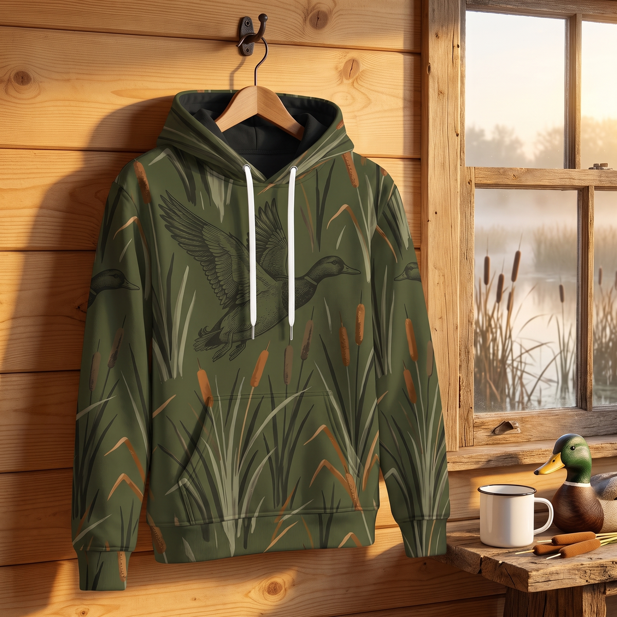Mallard Duck Hunting Hoodie – Cattail Marsh Camo All-Over Print Unisex Pullover, Duck Hunter Gift