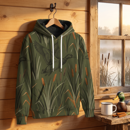 Mallard Duck Hunting Hoodie – Cattail Marsh Camo All-Over Print Unisex Pullover, Duck Hunter Gift