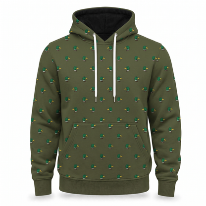 Mallard Duck Hoodie – All-Over Mallard Head Print Unisex Pullover, Subtle Duck Hunting Gift
