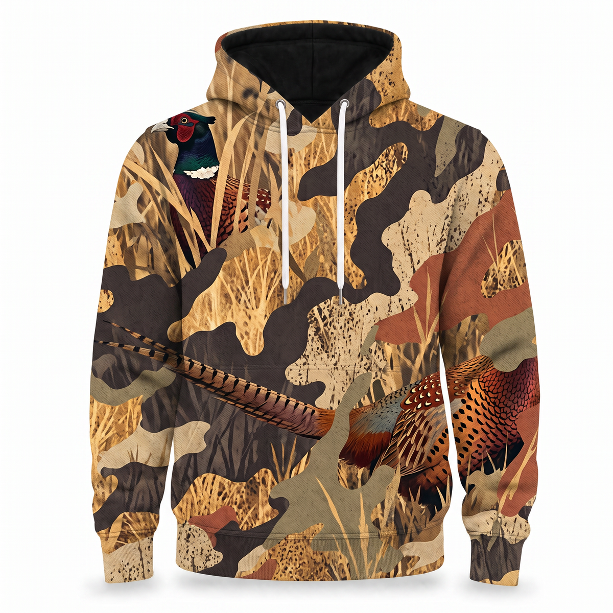 Pheasant Hunting Camo Hoodie for Men – All-Over Ring-Necked Field Camo Pullover, Gift for Upland Bird Hunters