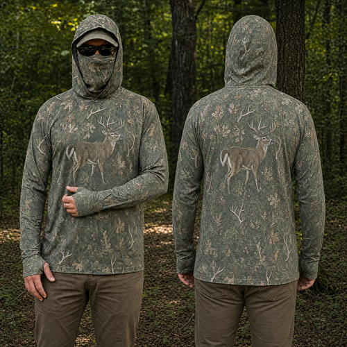 Whitetail Buck Camo UPF 50+ Hoodie for Men — Hunting Sun Shirt with Gaiter Face Cover & Thumb Holes
