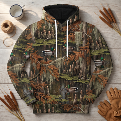 Mallard Duck Cypress Swamp Camo Hoodie — All-Over Flooded Timber Print, Duck Hunting Gift