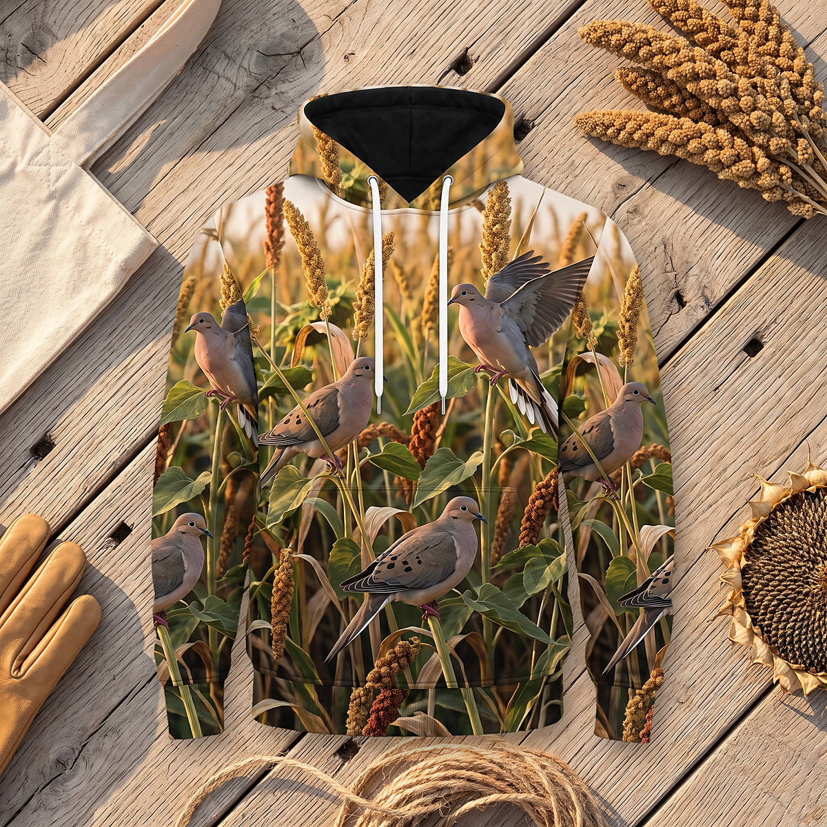 Mourning Dove Millet Field Camo Hoodie — All-Over Golden Hour Print, Dove Hunting Gift