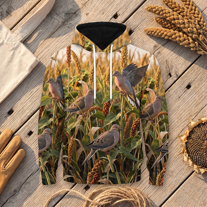 Mourning Dove Millet Field Camo Hoodie — All-Over Golden Hour Print, Dove Hunting Gift
