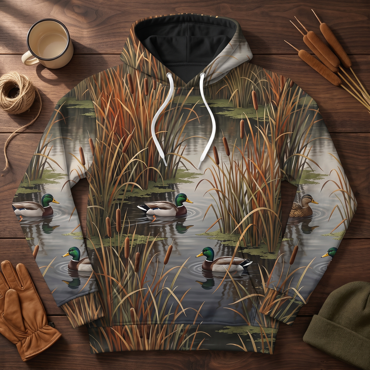 Mallard Duck Marsh Reed Camo Hoodie — All-Over Cattail Print, Waterfowl Hunting Gift