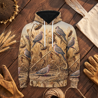 Mourning Dove Harvest Field Camo Hoodie — All-Over Wheat & Stalk Print, Dove Hunting Gift