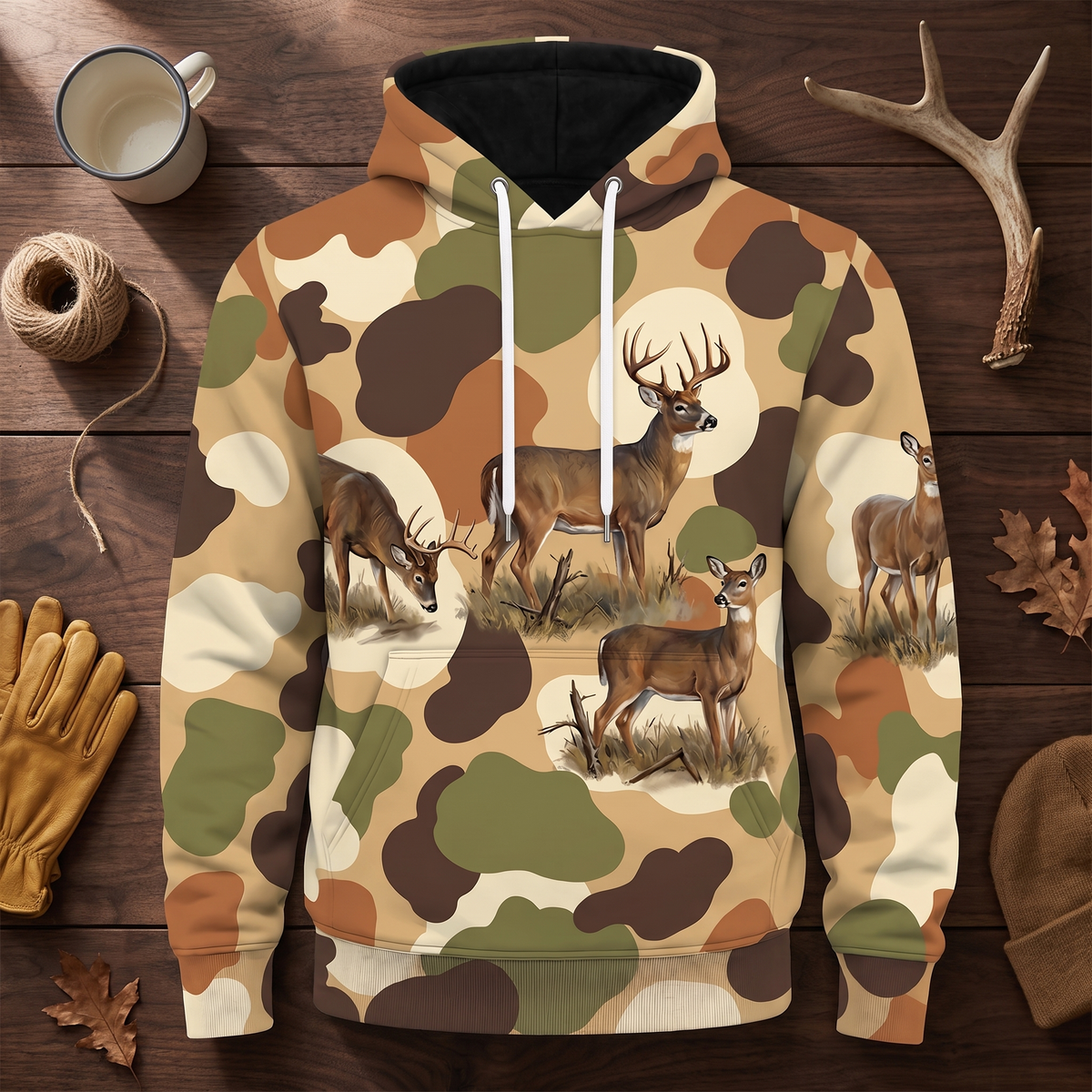 Whitetail Deer Vintage Camo Hoodie — Retro Blotch All-Over Print, Deer Hunting Gift