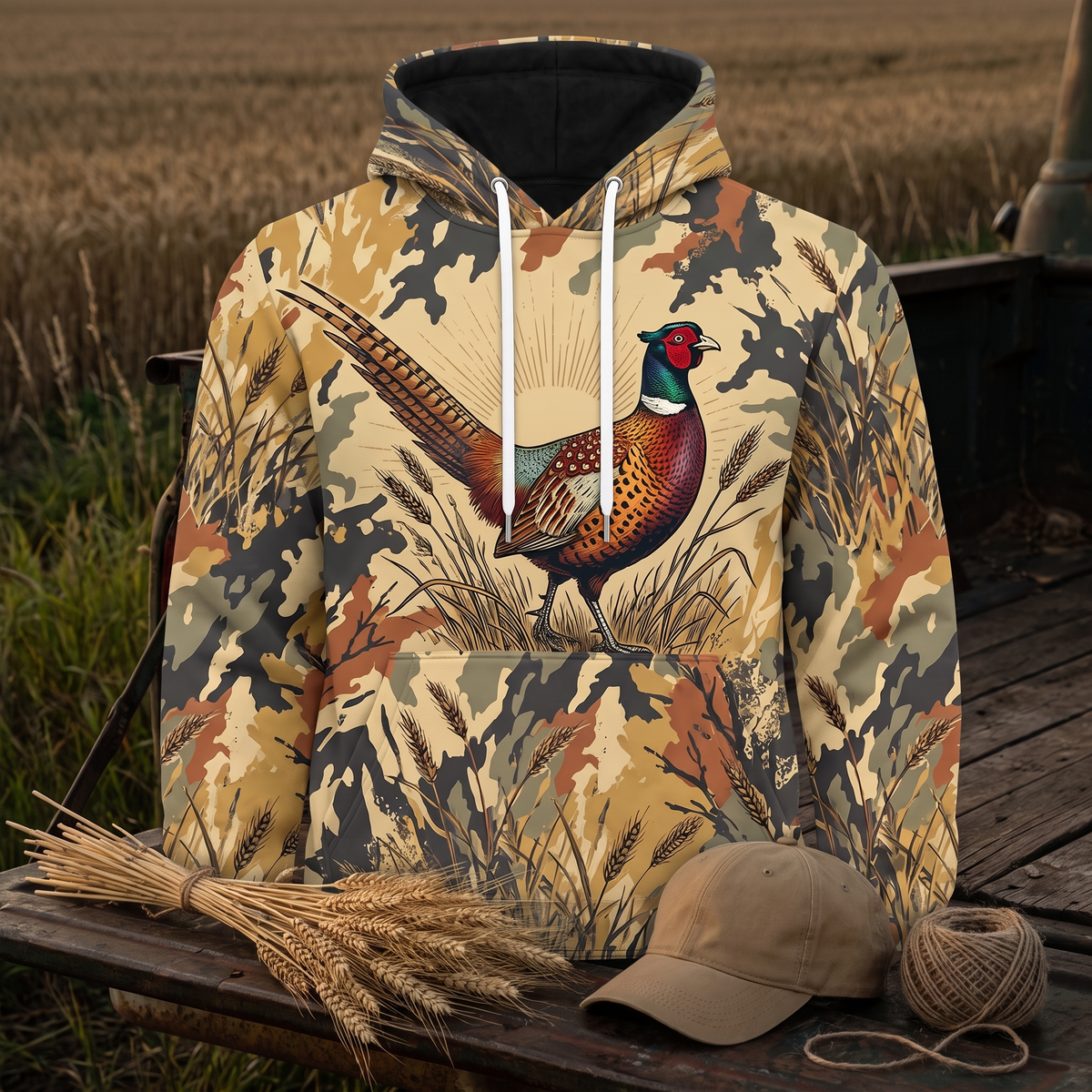 Ring-Necked Pheasant Camo Hoodie — All-Over Prairie Scene Print, Upland Hunting Gift