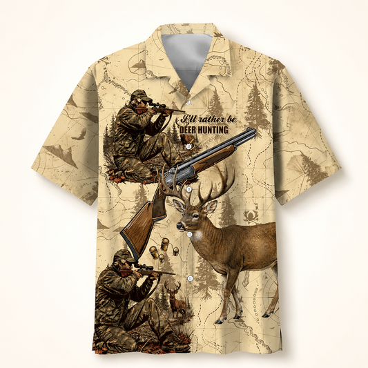 Vintage Deer Hunting Hawaiian Shirt for Men – Whitetail Buck & Hunter Print, Gift for Hunters