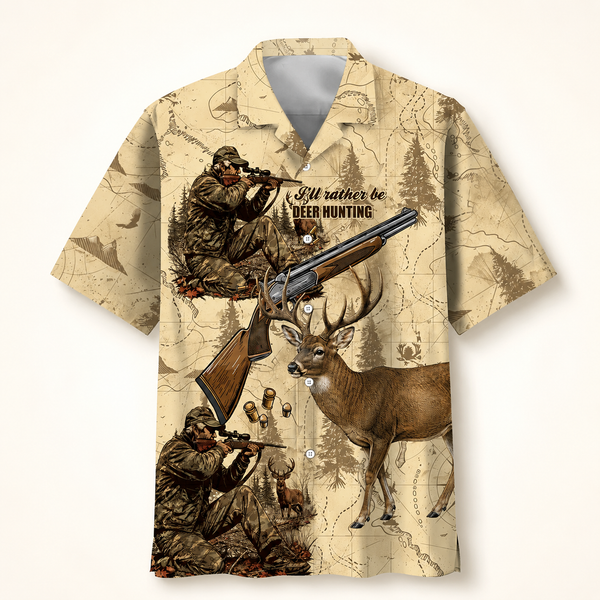 Vintage Deer Hunting Hawaiian Shirt for Men – Whitetail Buck & Hunter Print, Gift for Hunters