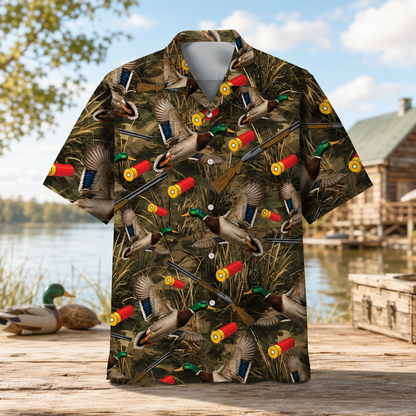 Duck Hunting Hawaiian Shirt for Men – Mallard, Shotgun & Shells Print, Gift for Duck Hunters