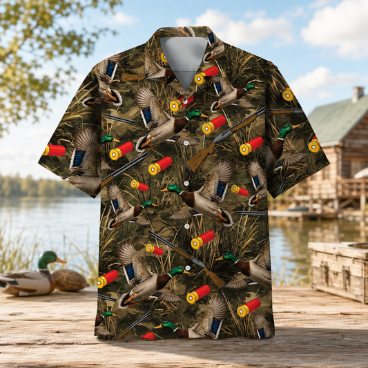 Duck Hunting Hawaiian Shirt for Men – Mallard, Shotgun & Shells Print, Gift for Duck Hunters