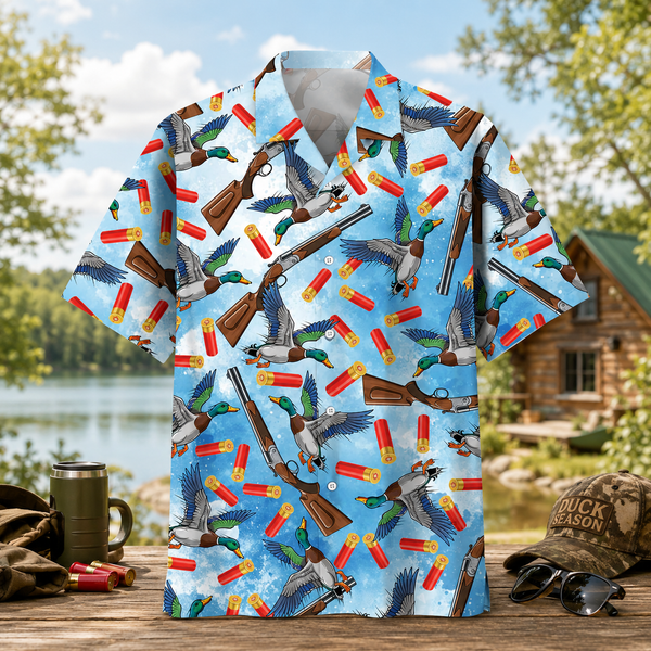 Duck Hunting Hawaiian Shirt for Men – Flying Mallard & Shotgun Print, Gift for Duck Hunters