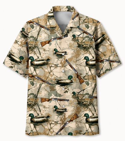 Duck Hunting Hawaiian Shirt for Men – Mallard, Shotgun & Shells Print, Gift for Duck Hunters