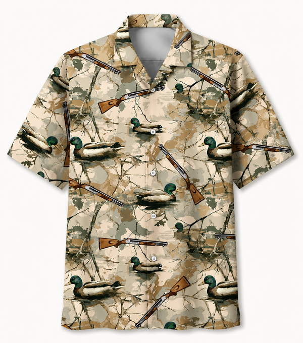 Duck Hunting Hawaiian Shirt for Men – Mallard & Shotgun on Branch Camo, Gift for Duck Hunters
