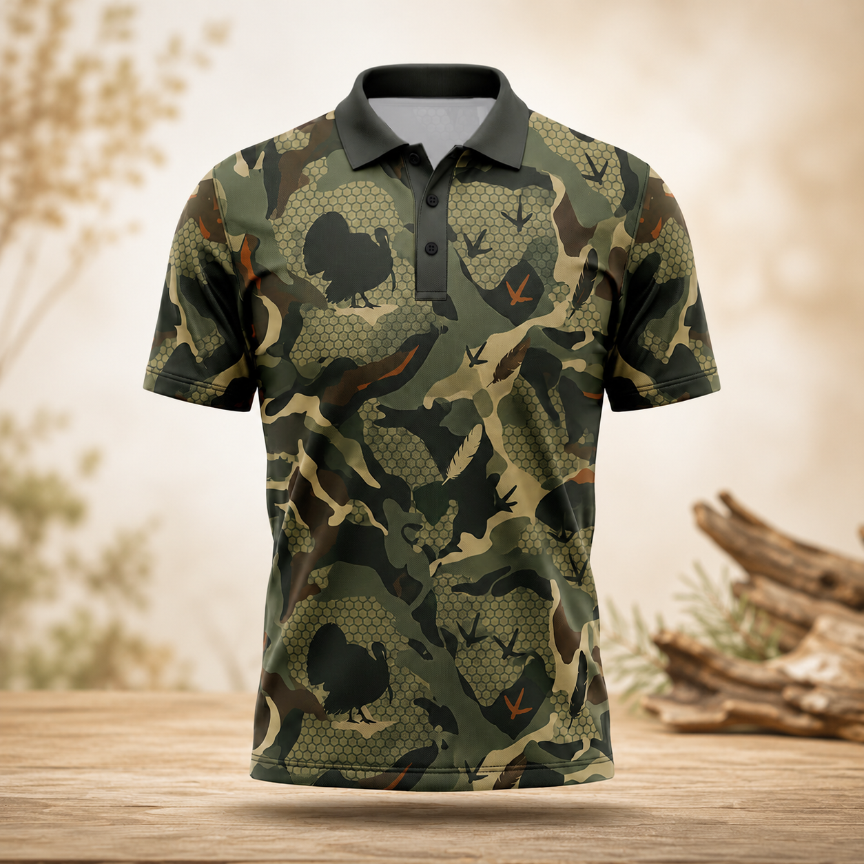 Strutter Turkey Hunting Camo Polo Shirt for Men – Wild Turkey Print, Gift for Hunters