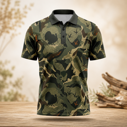 Strutter Turkey Hunting Camo Polo Shirt for Men – Wild Turkey Print, Gift for Hunters