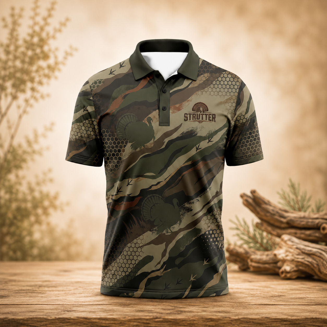 Strutter Turkey Hunting Camo Polo Shirt for Men – Wild Turkey Print, Gift for Hunters