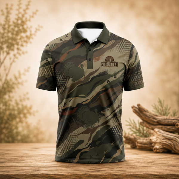 Strutter Turkey Hunting Camo Polo Shirt for Men – Wild Turkey Print, Gift for Hunters