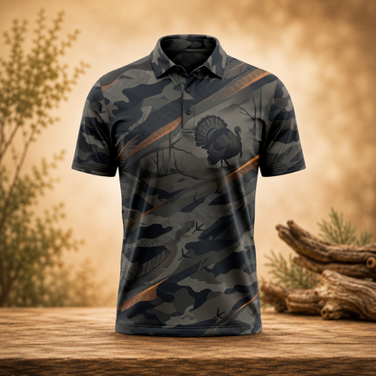 Strutter Turkey Hunting Camo Polo Shirt for Men – Wild Turkey Print, Gift for Hunters