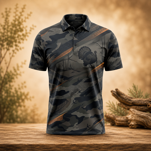 Turkey Hunting Camo Polo Shirt for Men – Dark Wild Turkey Print, Gift for Hunters