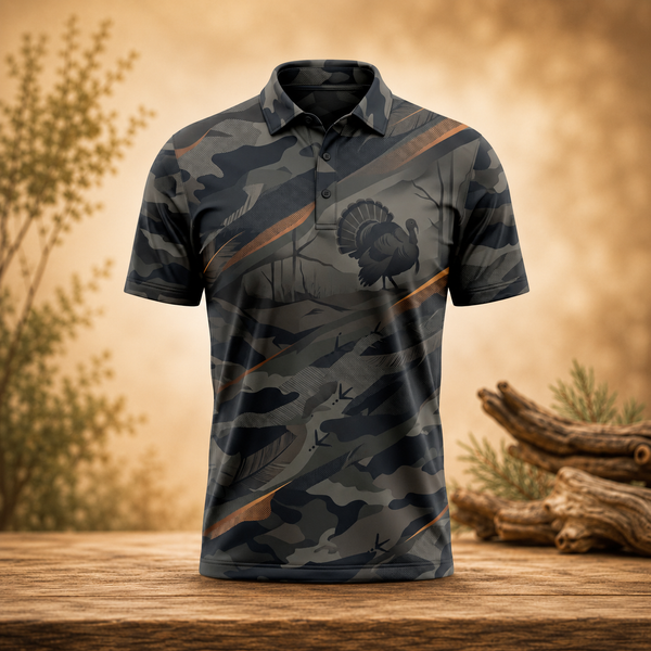Turkey Hunting Camo Polo Shirt for Men – Dark Wild Turkey Print, Gift for Hunters