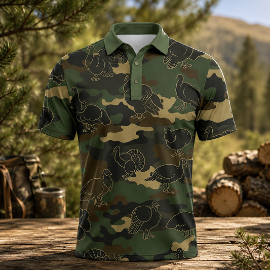 Turkey Hunting Camo Polo Shirt for Men – Wild Turkey Outline Print, Gift for Hunters