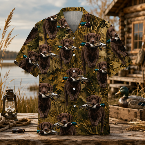 Chocolate Labrador Hawaiian Shirt for Men – Duck Hunting Dog & Mallard Print, Gift for Lab Lovers