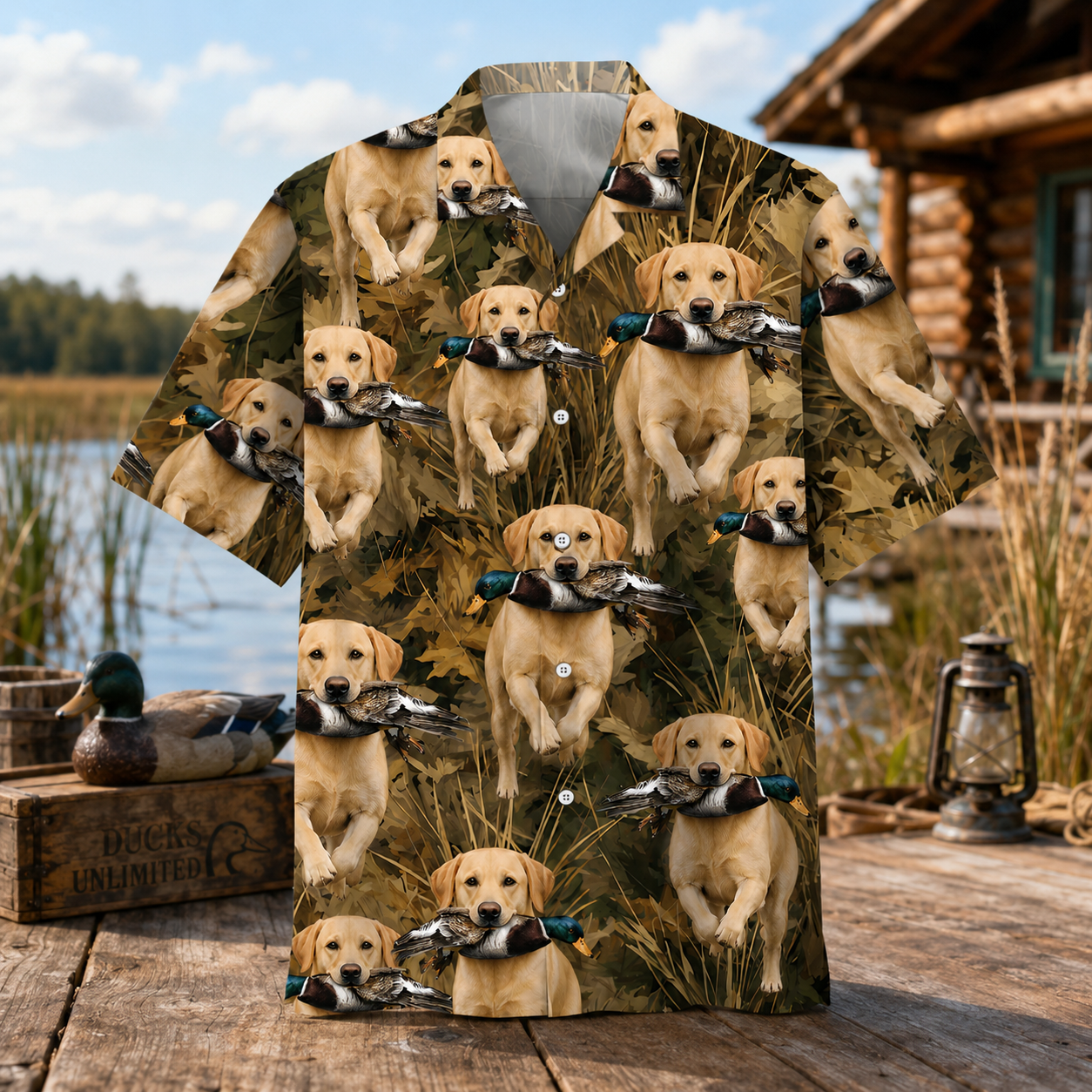 Chocolate Labrador Hawaiian Shirt for Men – Duck Hunting Dog & Mallard Print, Gift for Lab Lovers