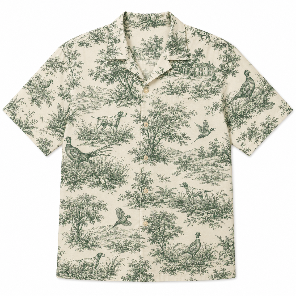 Pheasant Toile Hawaiian Shirt for Men Vintage French Country Hunting Scene Print Upland Gift
