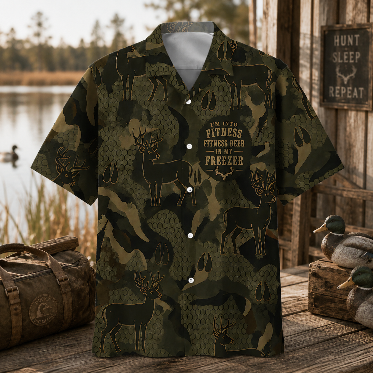Whitetail Deer Hunting Hawaiian Shirt for Men – Buck & Camo Print, Gift for Hunters