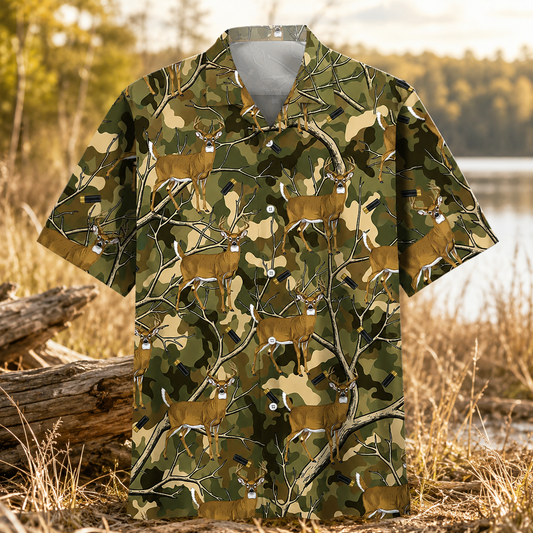 Deer Hunting Hawaiian Shirt for Men – Whitetail Buck & Branch Camo Print, Gift for Hunters