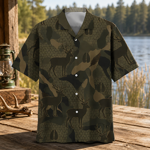Whitetail Deer Hunting Hawaiian Shirt for Men – Buck & Camo Print, Gift for Hunters