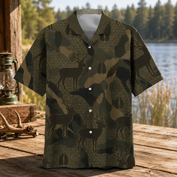 Whitetail Deer Hunting Hawaiian Shirt for Men – Buck & Camo Print, Gift for Hunters