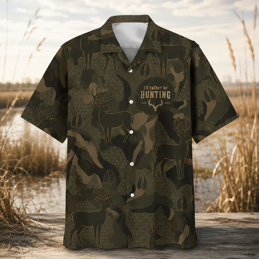 I'd Rather Be Hunting Hawaiian Shirt for Men – Deer & Camo Print, Gift for Hunters