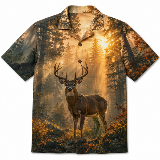 Deer Hunting Hawaiian Shirt for Men – Majestic Whitetail Buck Forest Print, Gift for Deer Hunters